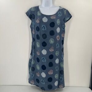 Simply Linen Lagenlook Shift Dress Size M Blue Spotted Print Cap Sleeve Tunic